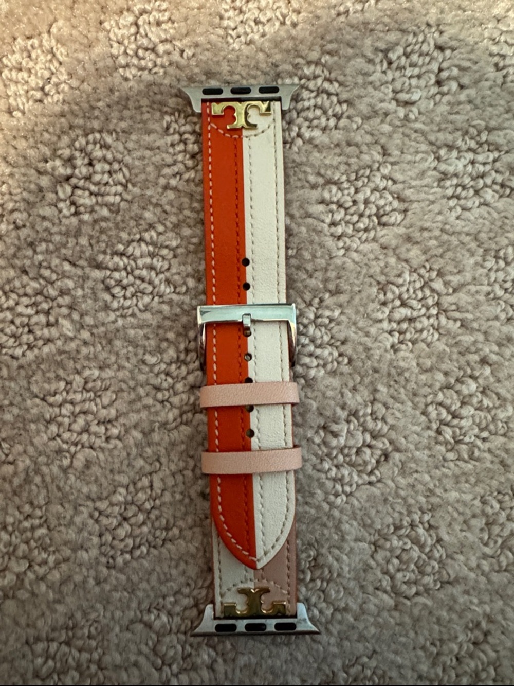 Tory Burch Tri-Color Leather Apple Watch Band - Orange, White, Blush